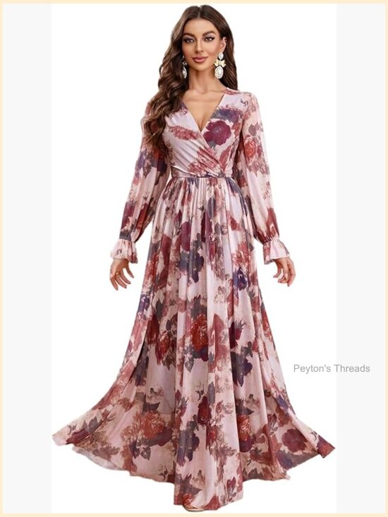 Dresses & Skirts - Bohemian V Neck Long Sleeve Ruffle Floral Maxi Dress - Summer